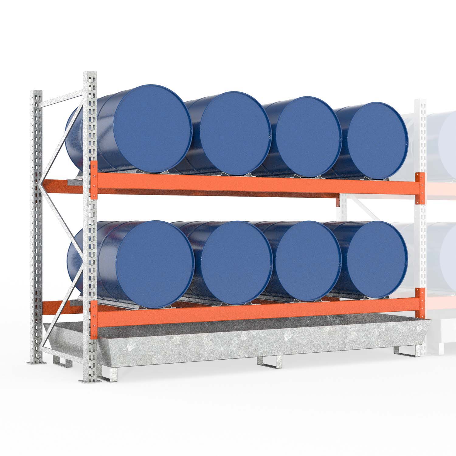 Palettenregal Typ 2051 mit Auffangwanne aus Stahl, Anbaueinheit für 8 Fässer