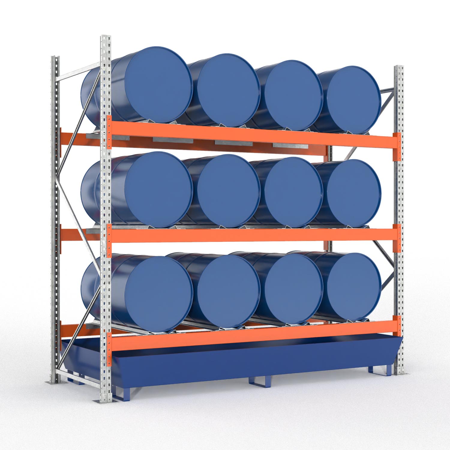 Palettenregal Typ 2052 mit Auffangwanne aus Stahl, Grundeinheit für 12 Fässer