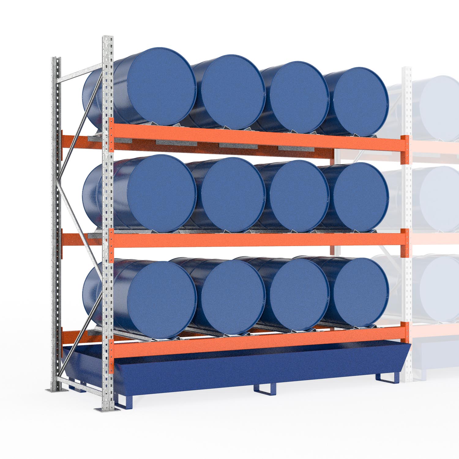 Palettenregal Typ 2052 mit Auffangwanne aus Stahl, Anbaueinheit für 12 Fässer Palettenregale mit Auffangwanne aus Stahl Produktbild Palettenregal Typ 2052 mit Auffangwanne aus Stahl, Anbaueinheit für 12 Fässer