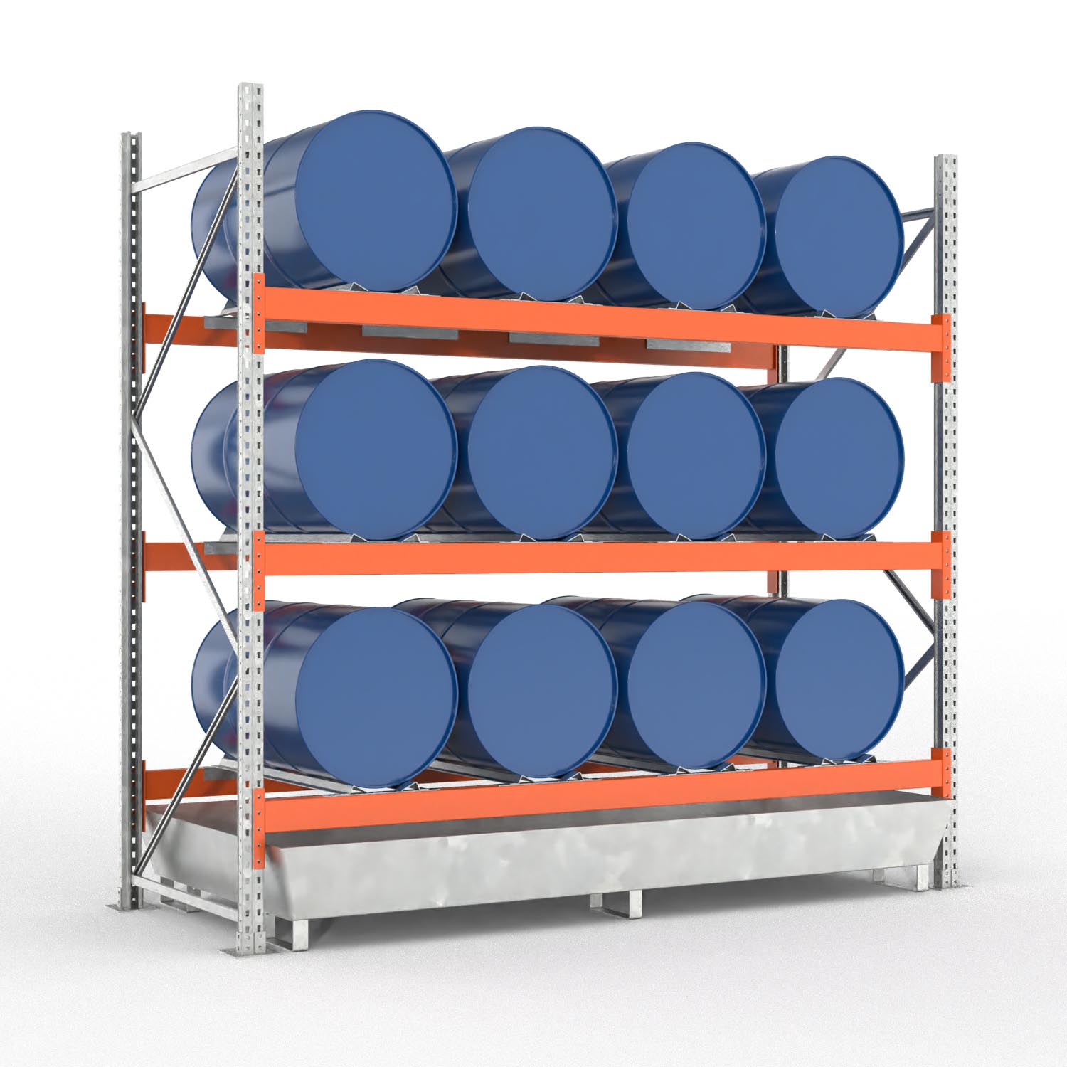 Palettenregal Typ 2052 mit Auffangwanne aus Stahl, Grundeinheit für 12 Fässer