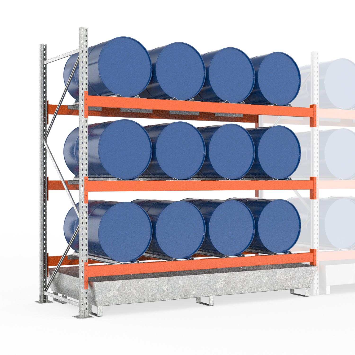 Palettenregal Typ 2052 mit Auffangwanne aus Stahl, Anbaueinheit für 12 Fässer