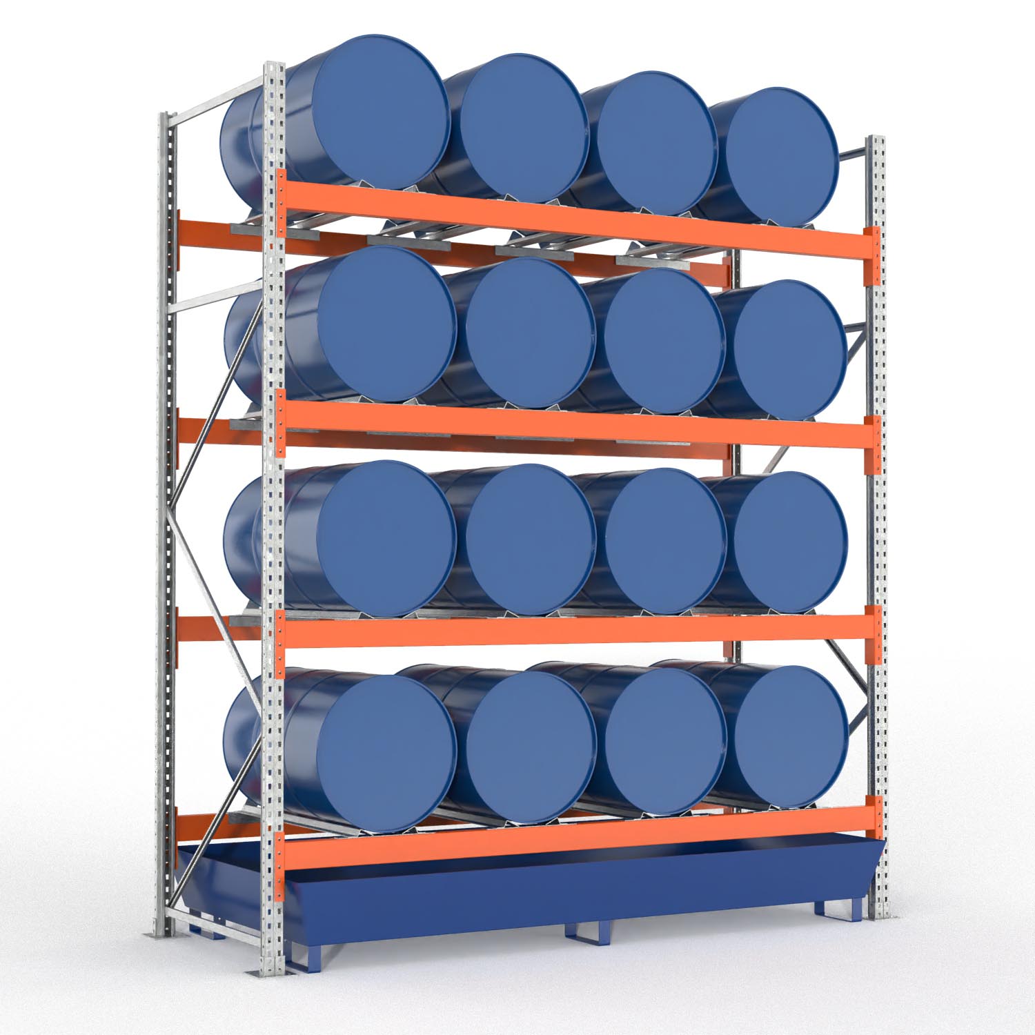 Palettenregal Typ 2053 mit Auffangwanne aus Stahl, Grundeinheit für 16 Fässer