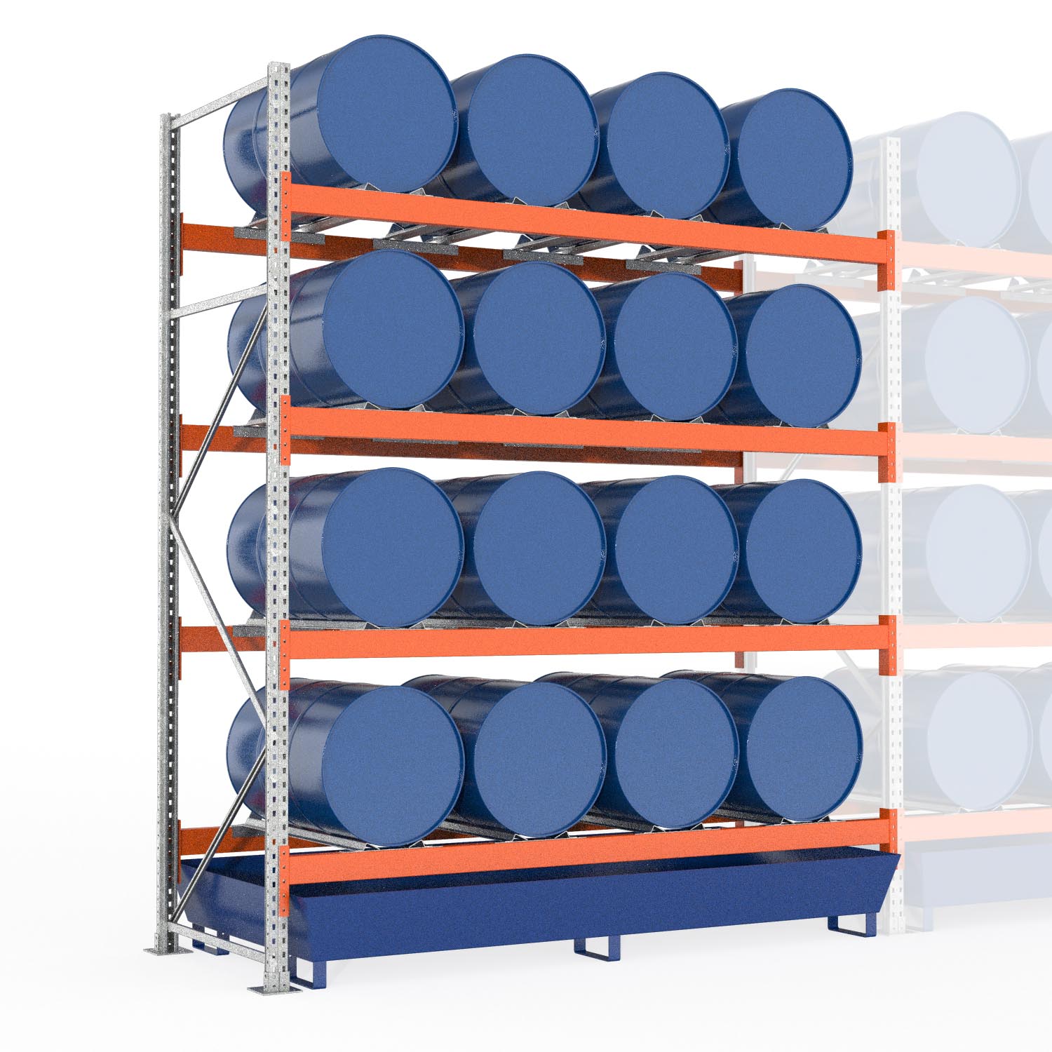 Palettenregal Typ 2053 mit Auffangwanne aus Stahl, Anbaueinheit für 16 Fässer Palettenregale mit Auffangwanne aus Stahl Produktbild Palettenregal Typ 2053 mit Auffangwanne aus Stahl, Anbaueinheit für 16 Fässer