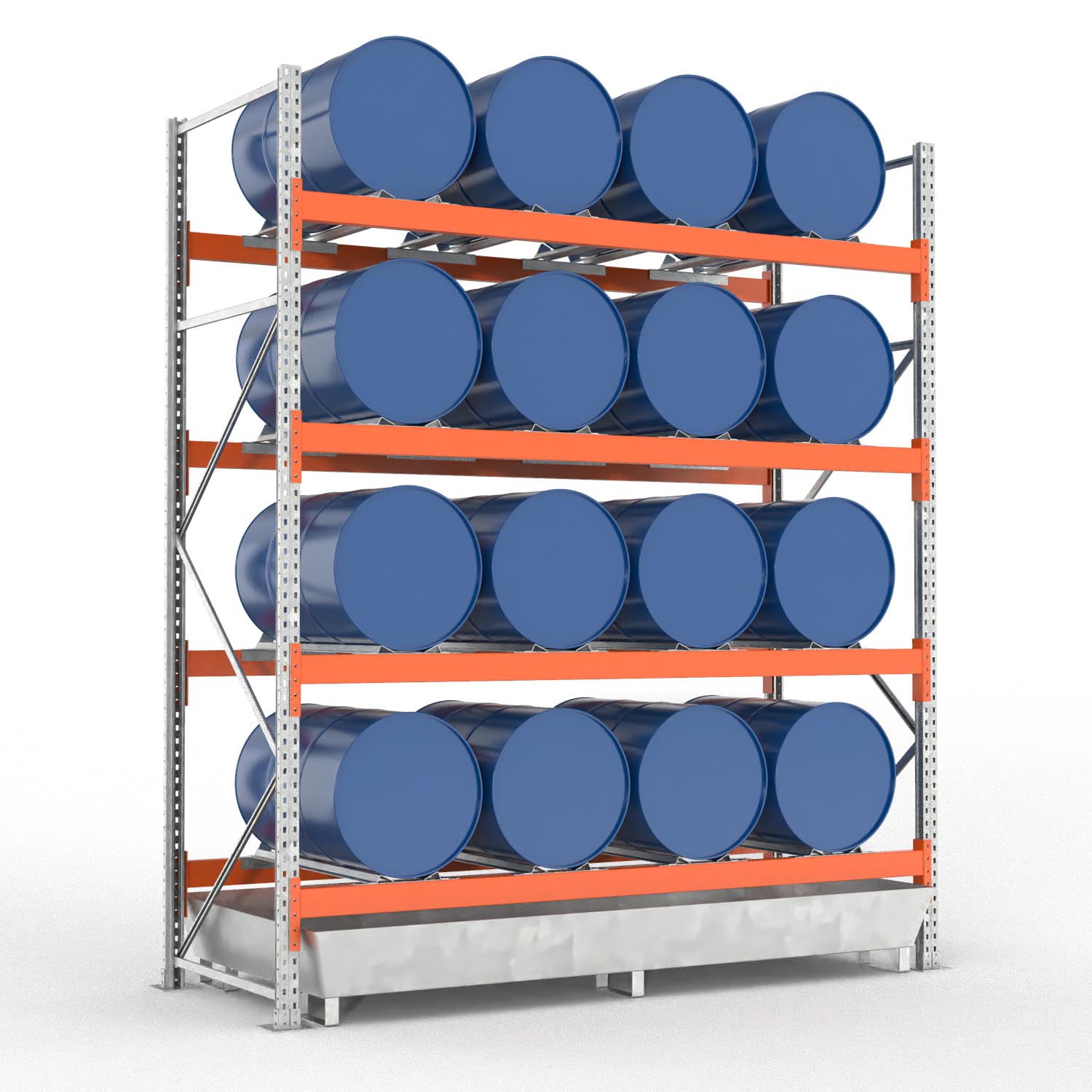 Palettenregal Typ 2053 mit Auffangwanne aus Stahl, Grundeinheit für 16 Fässer