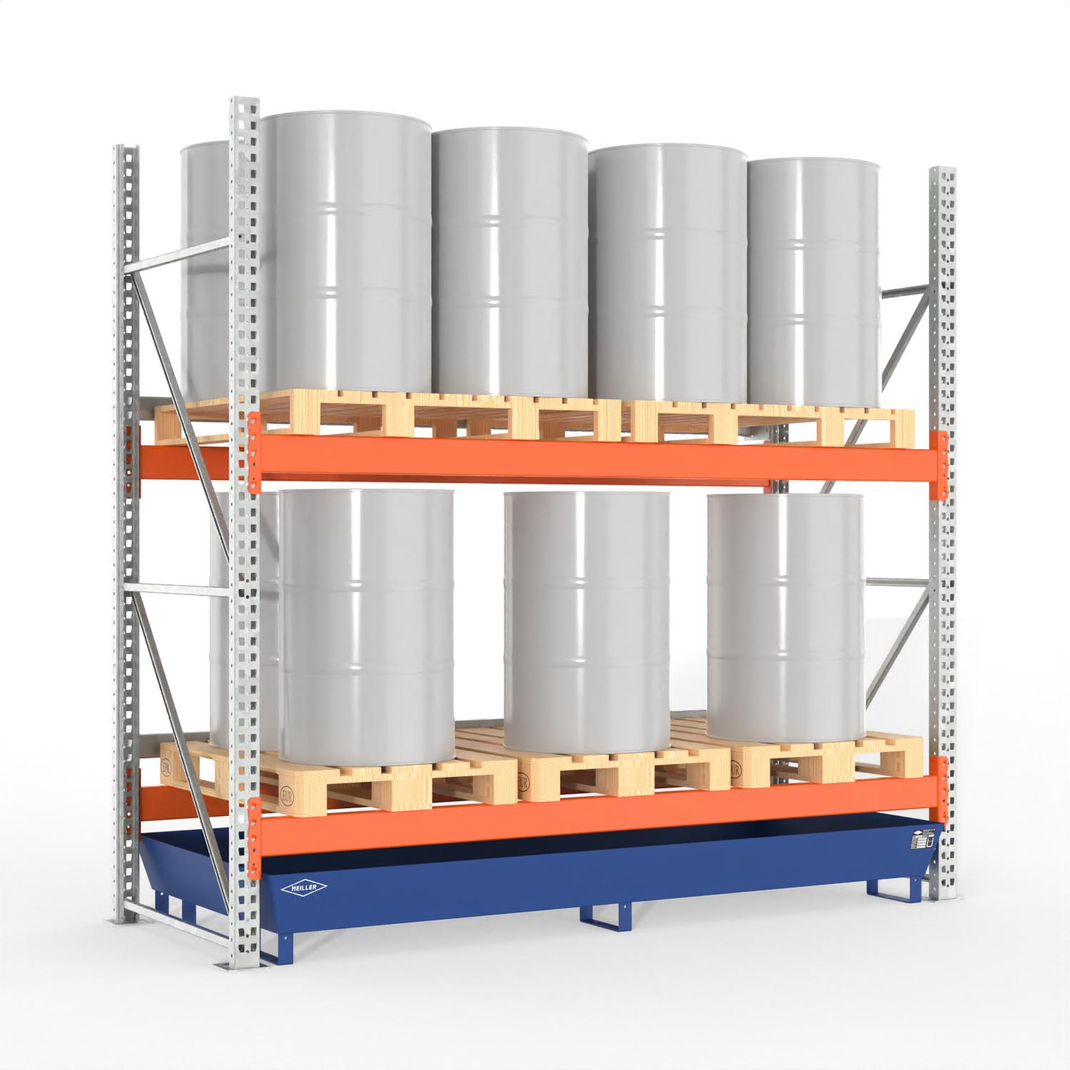 Palettenregal Typ 2202 mit Auffangwanne aus Stahl für 16 Fässer, Grundeinheit Palettenregale mit Auffangwanne aus Stahl Produktbild Palettenregal Typ 2202 mit Auffangwanne aus Stahl für 16 Fässer, Grundeinheit