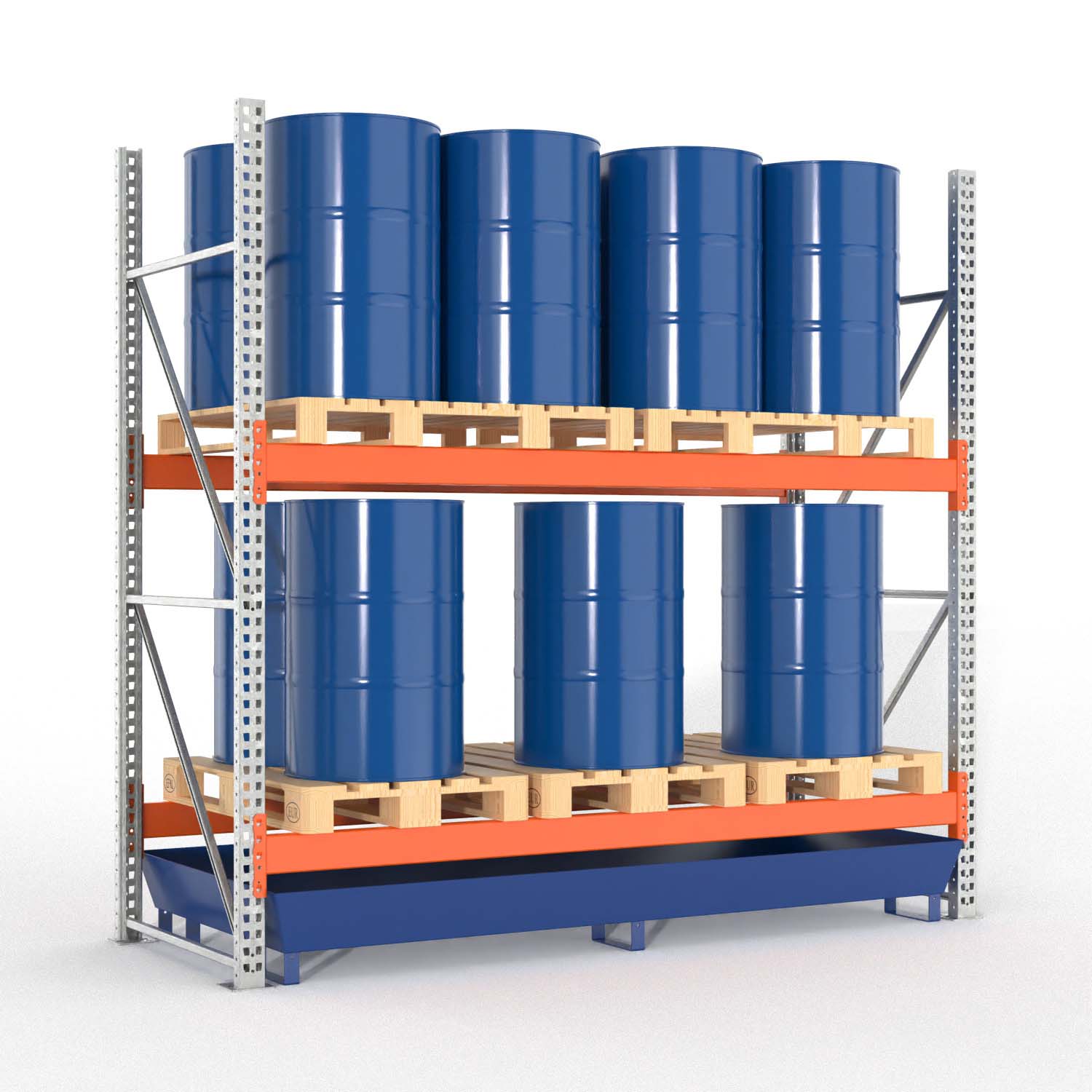 Palettenregal Typ 2202 mit Auffangwanne aus Stahl für 16 Fässer, Grundeinheit