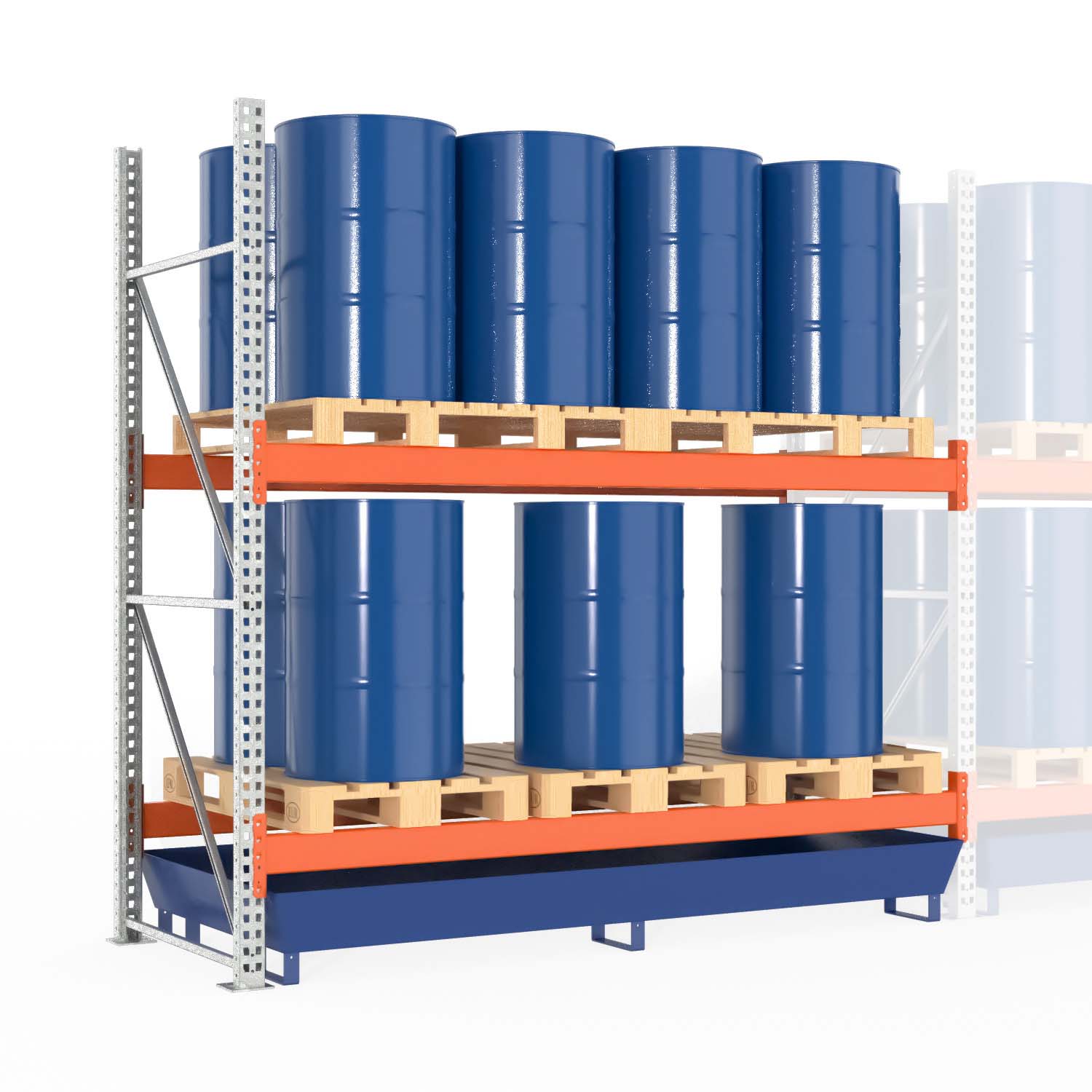 Palettenregal Typ 2202 mit Auffangwanne aus Stahl für 16 Fässer, Anbaueinheit