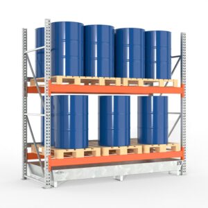 Palettenregal Typ 2202 mit Auffangwanne aus Stahl für 16 Fässer, Grundeinheit