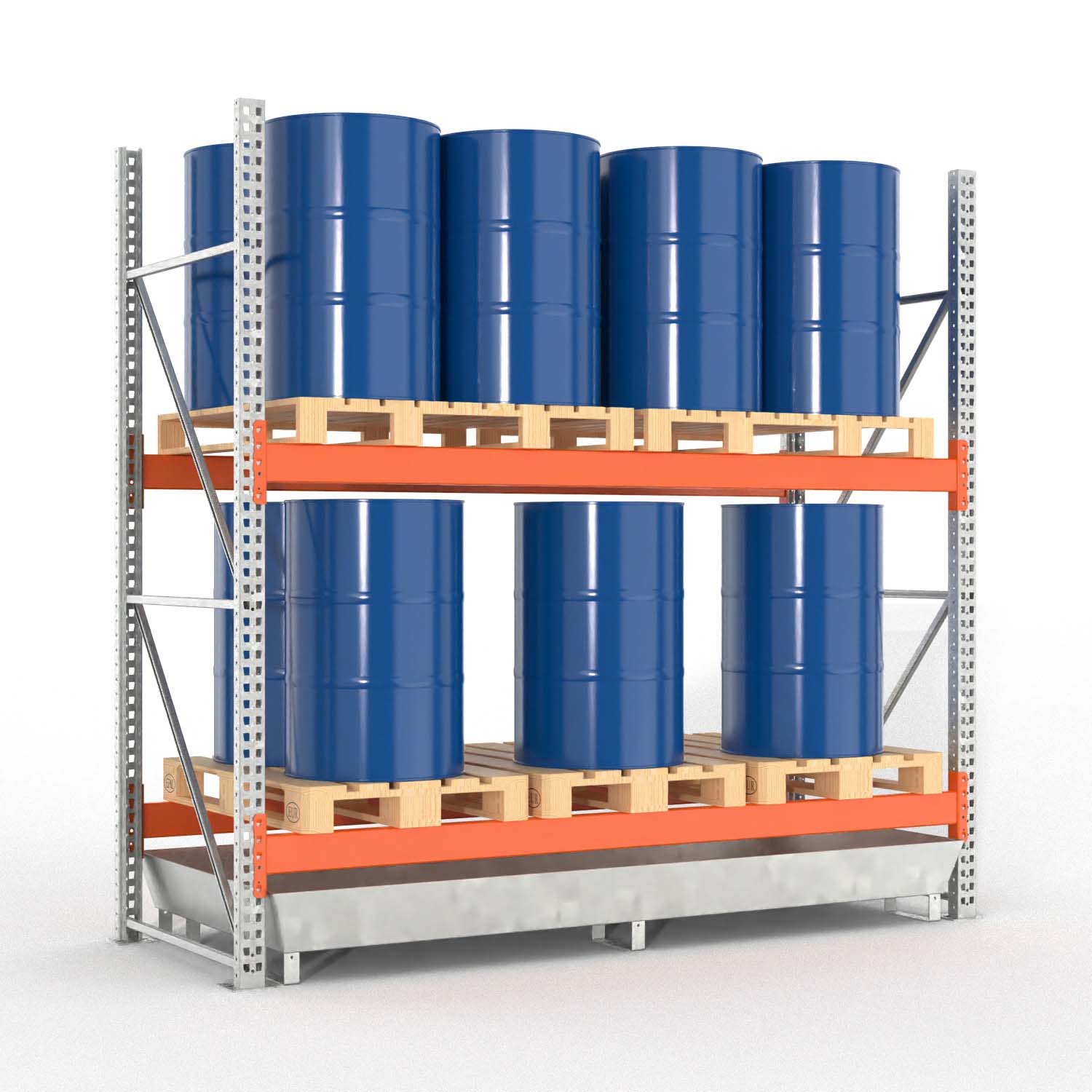 Palettenregal Typ 2202 mit Auffangwanne aus Stahl für 16 Fässer, Grundeinheit