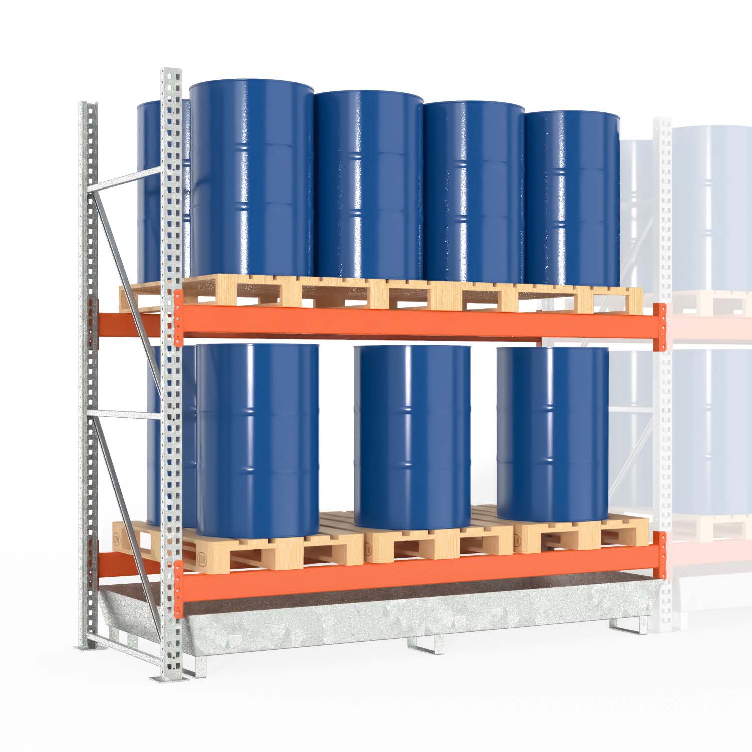 Palettenregal Typ 2202 mit Auffangwanne aus Stahl für 16 Fässer, Anbaueinheit