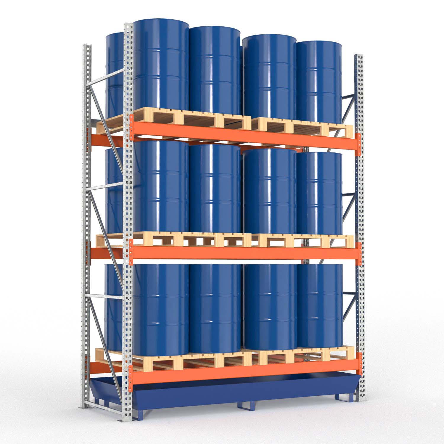 Palettenregal Typ 2203 mit Auffangwanne aus Stahl für 24 Fässer, Grundeinheit