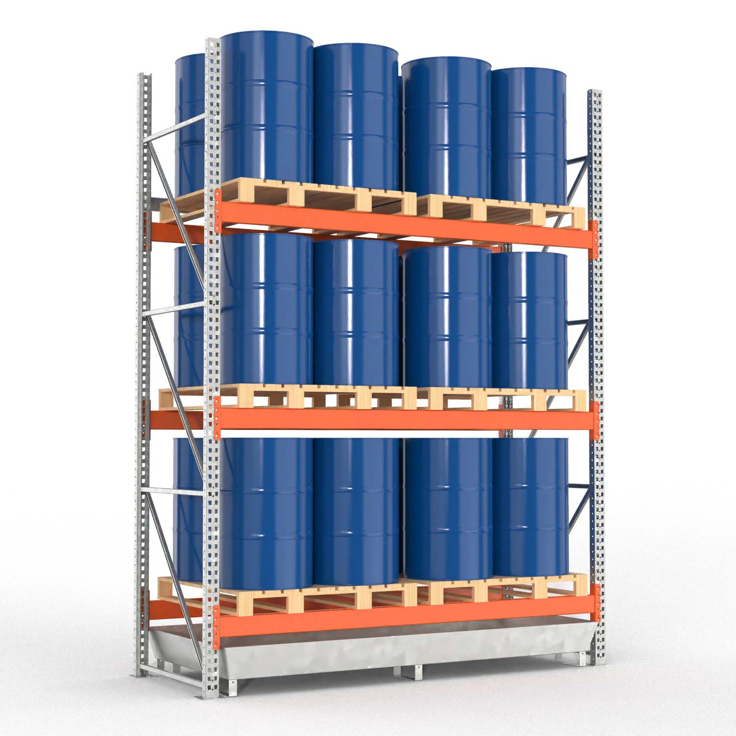 Palettenregal Typ 2203 mit Auffangwanne aus Stahl für 24 Fässer, Grundeinheit