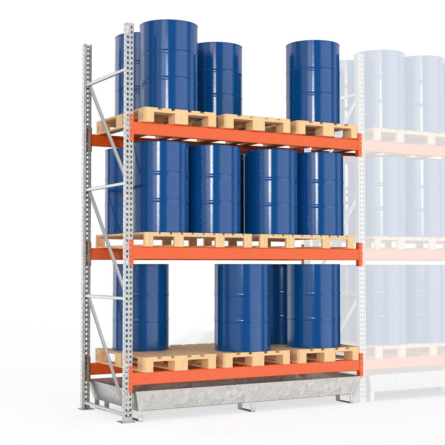 Palettenregal Typ 2203 mit Auffangwanne aus Stahl für 24 Fässer, Anbaueinheit