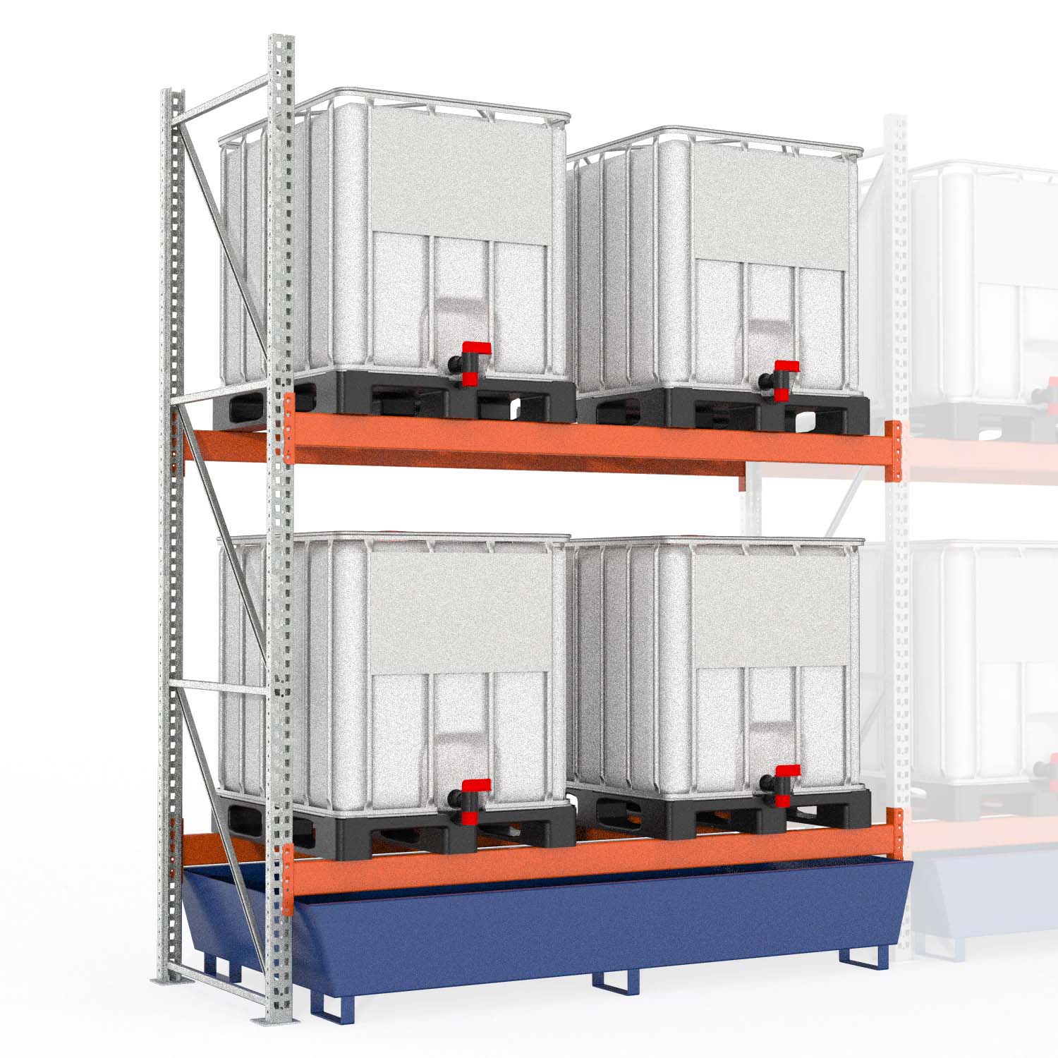 Palettenregal Typ 2204 mit Auffangwanne aus Stahl für 4 IBC, Anbaueinheit