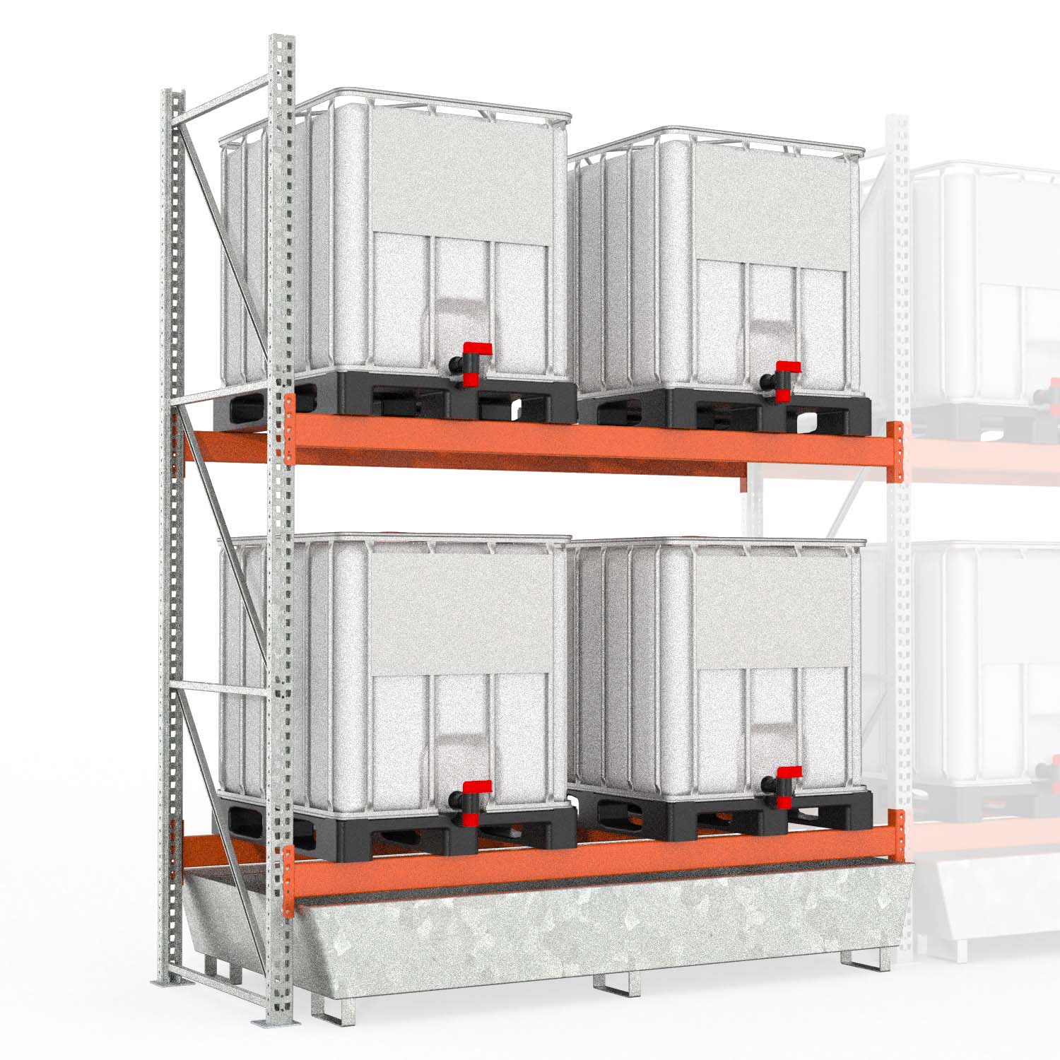 Palettenregal Typ 2204 mit Auffangwanne aus Stahl für 4 IBC, Anbaueinheit