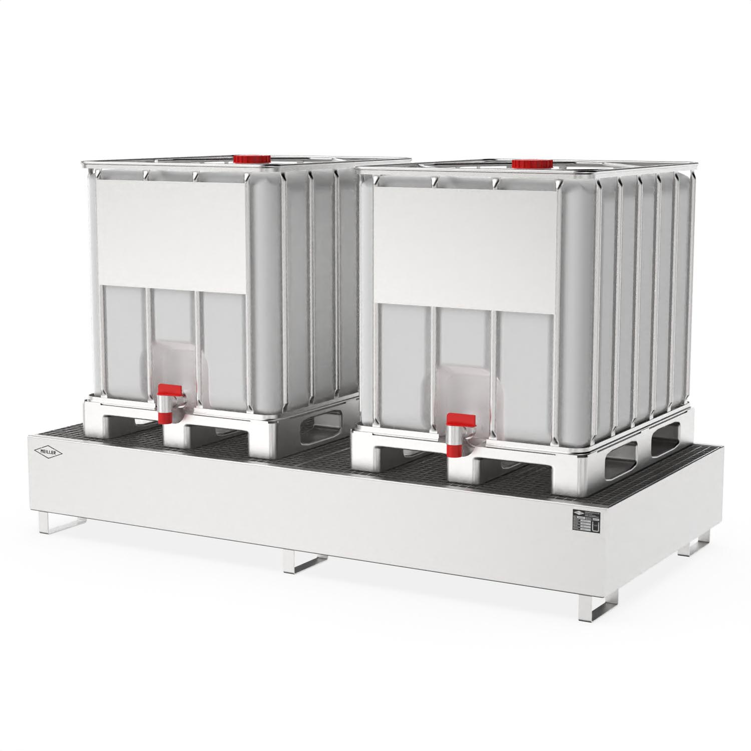 Auffangwanne aus Edelstahl für 2 IBC, Auffangvolumen 1000 l, 2680x1300x430mm