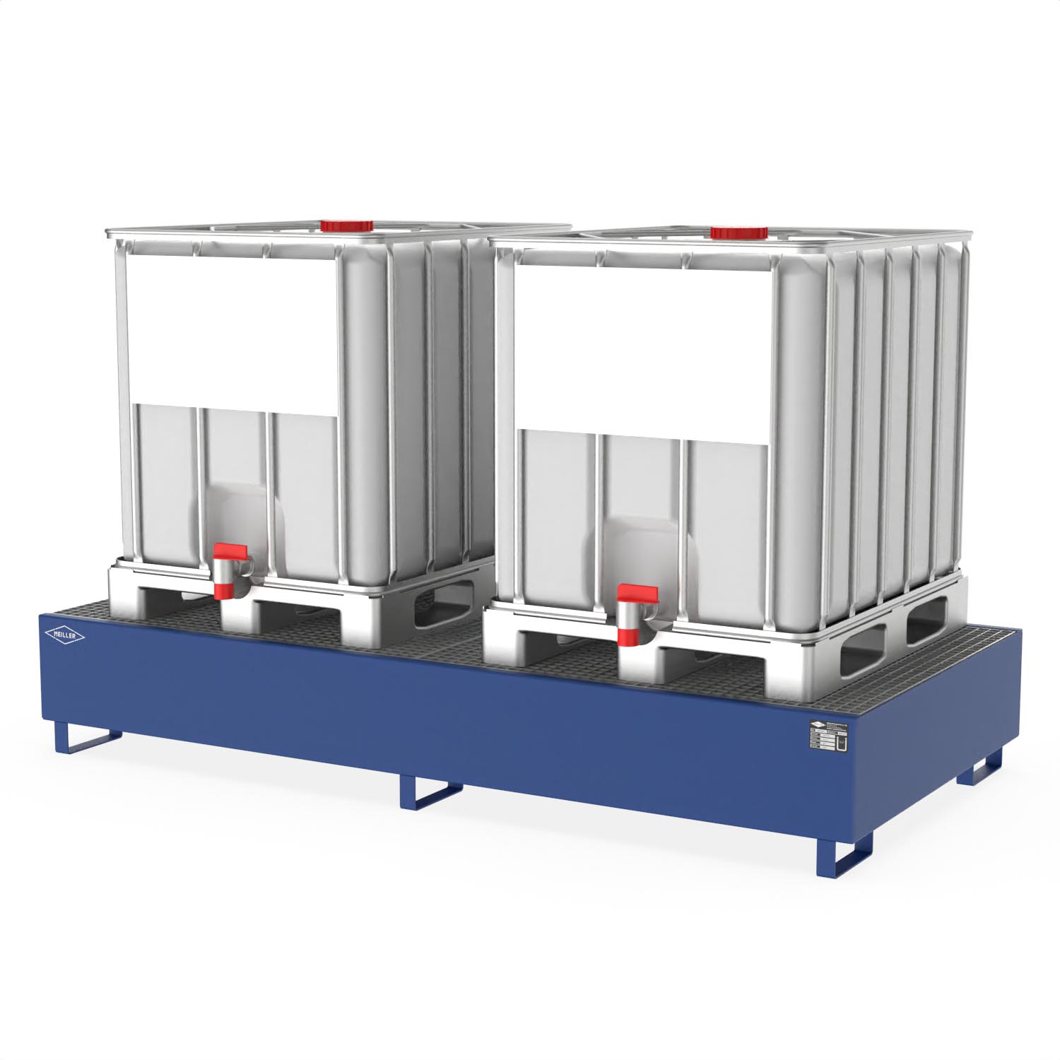 Auffangwanne aus Stahl für 2 IBCs, mit Gitterrost, Auffangvolumen 1000 l, 2680x1300x430mm