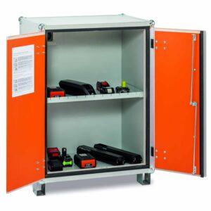 Fass-Stapelpalette für 2 x 200 l Fässer mit 3-seitigem Transportschutz Fass-Stapelpaletten Produktbild Lithium-Akku-Schrank zum Lagern, Breite 800 mm, Höhe 1110 mm, 2 Rauchmelder, mit Stellfüßen