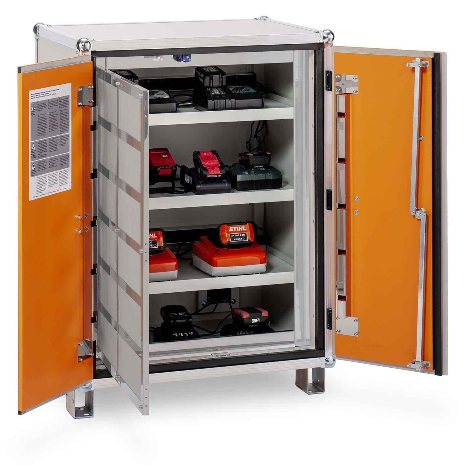 Lithium-Ionen-Akku-Ladeschrank premium 8/10, Rauchmelder, mit Füßen, lockEX 2.0, VDMA-geprüft, BMA-fähig