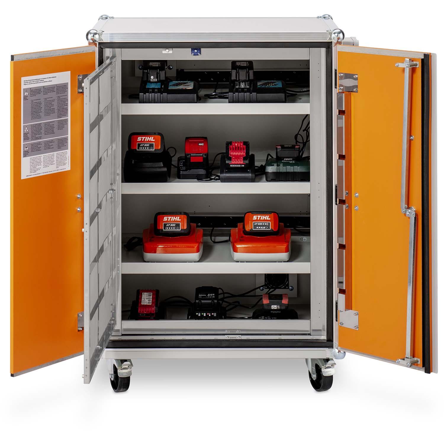 Lithium-Ionen-Akku-Ladeschrank premium 8/10, Rauchmelder, mit Rollen, lockEX 2.0, VDMA-geprüft, BMA-fähig