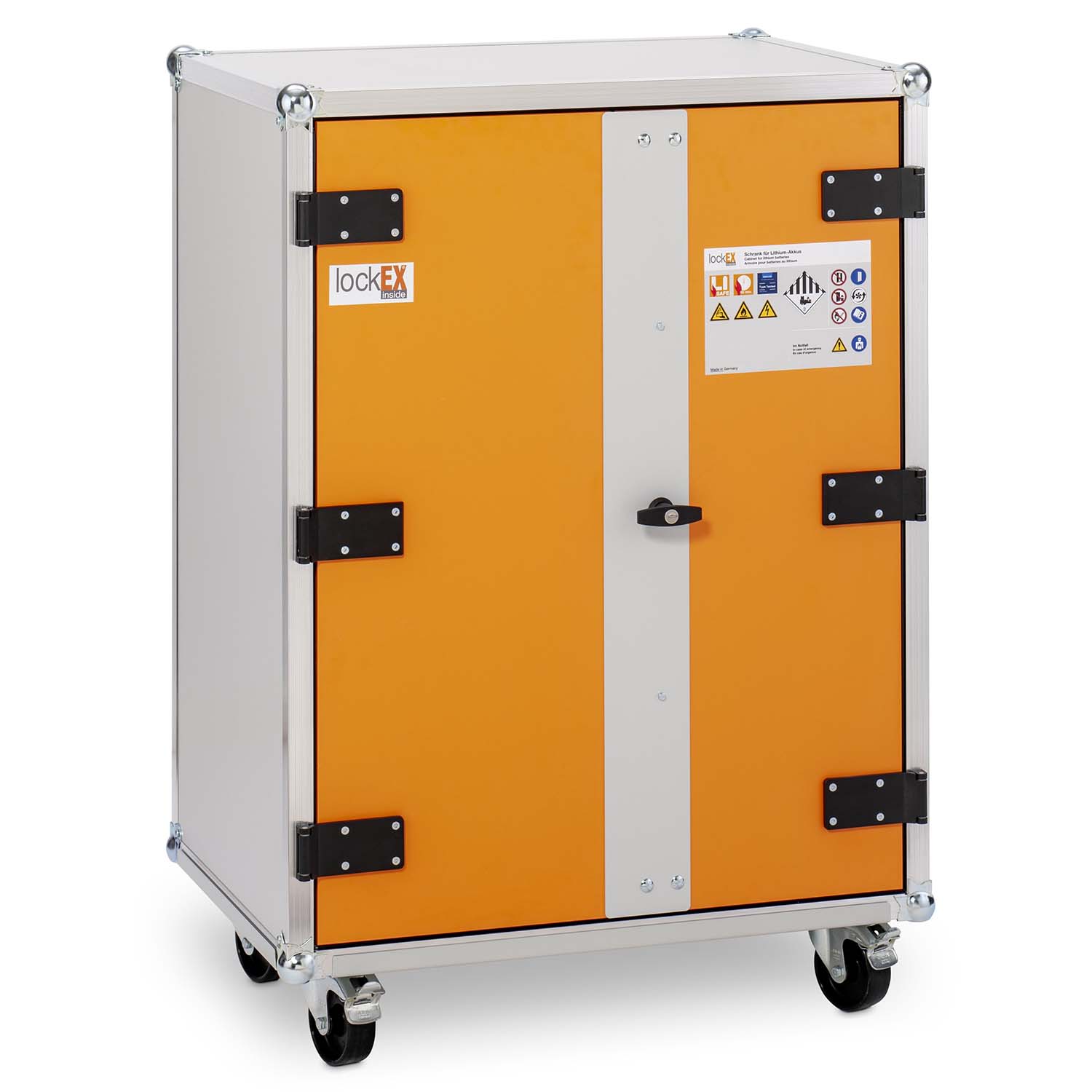 Lithium-Ionen-Akku-Lagerschrank 8/10, Rauchmelder, mit Rollen, lockEX 2.0, VDMA-geprüft