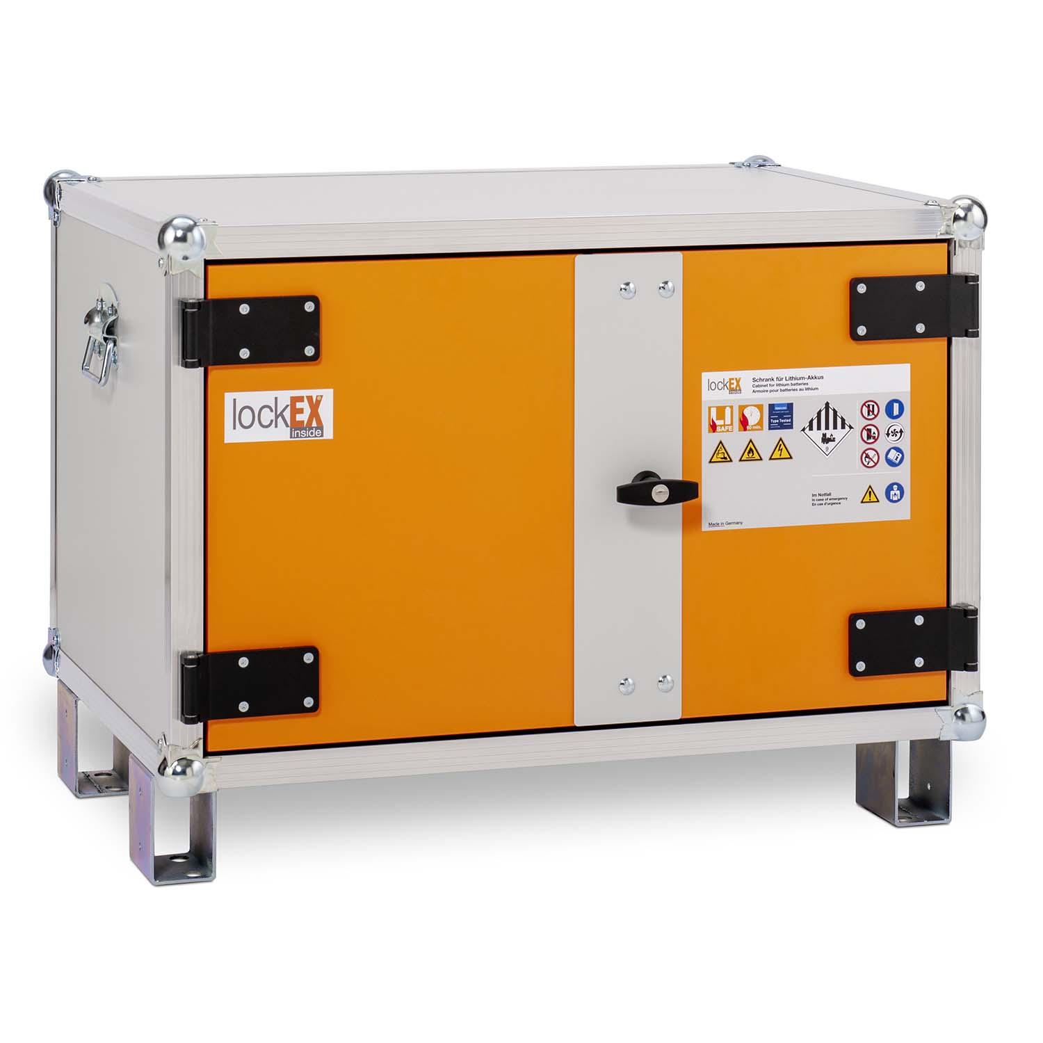 Lithium-Ionen-Akku-Lagerschrank, B 810 mm, Rauchmelder, mit Füßen, lockEX 2.0, VDMA-geprüft