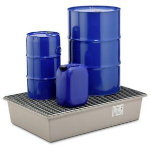 Fassheizung ATEX Typ LB für 200-220 l Fässer, 65 °C, Plug-and-Play (keine ext. Steuerung notwendig) ATEX-Fassheizungen Produktbild Auffangwanne aus GFK für 2 x 200 l Fässer, Volumen 220 l, mit Gitterrost, ohne Füße, mit Zulassung