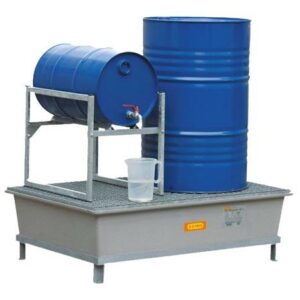 Fußgestell aus Stahl für Auffangwannen aus GFK für 2 x 200 l Fässer, Unterfahrhöhe 96 mm