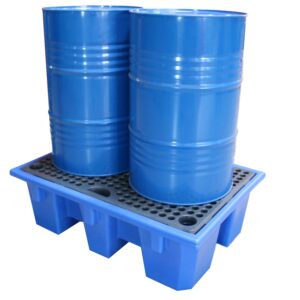 Auffangwanne aus Kunststoff (PE) für 2 Fässer, Auffangvolumen 240 l, mit PE-Rost