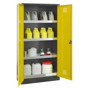 Chemikalienschrank Eco, Flügeltüren, 1 Bodenwanne, 3 Einlegewannen, 1000x400x1950mm