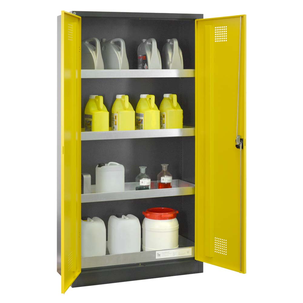 Chemikalienschrank Eco, Flügeltüren, 1 Bodenwanne, 3 Einlegewannen, 1000x400x1950mm