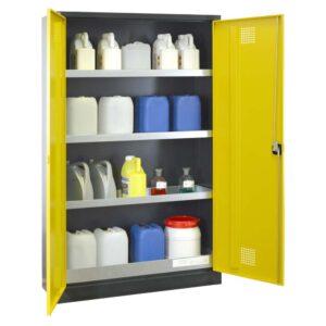 Chemikalienschrank Eco, Flügeltüren, 1 Bodenwanne, 3 Einlegewannen, 1200x400x1950mm