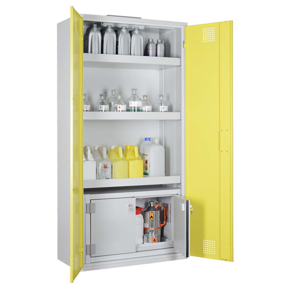 Chemikalienschrank für Kleingebinde mit F30 Sicherheitsbox, 2 Flügeltüren, 950x500x1950mm