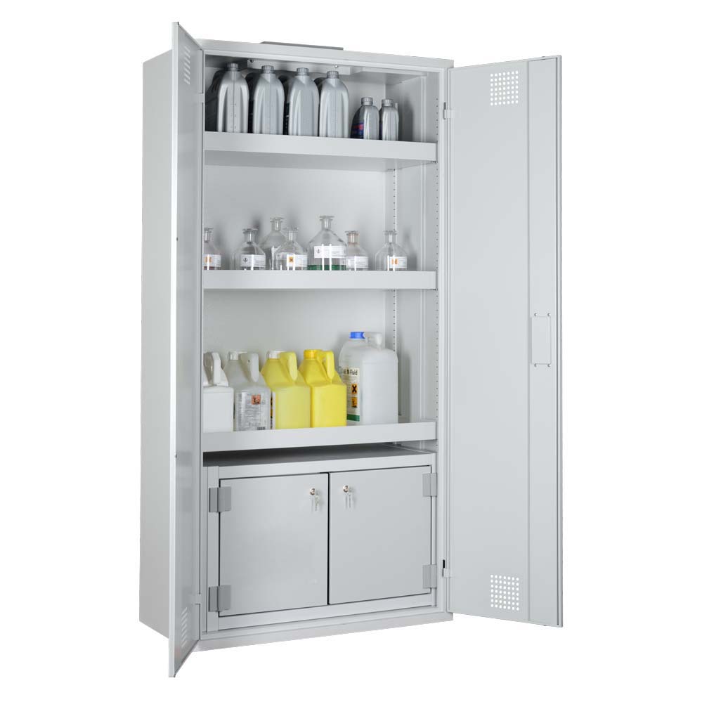 Chemikalienschrank für Kleingebinde mit F30 Sicherheitsbox, 2 Flügeltüren, 950x500x1950mm