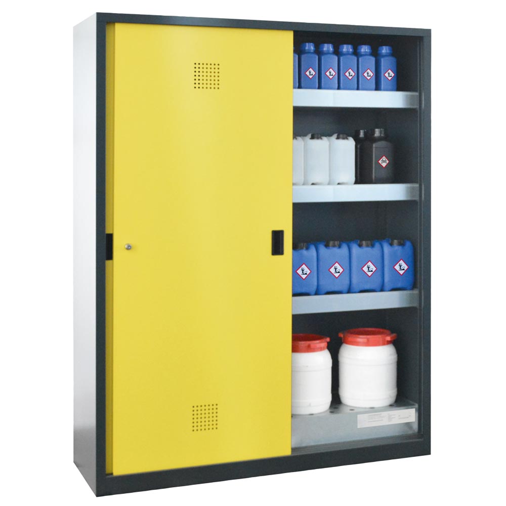 Chemikalienschrank mit Schiebetüren, 2 Bodenwannen, 6 Einlegewannen, 1500x500x1950mm