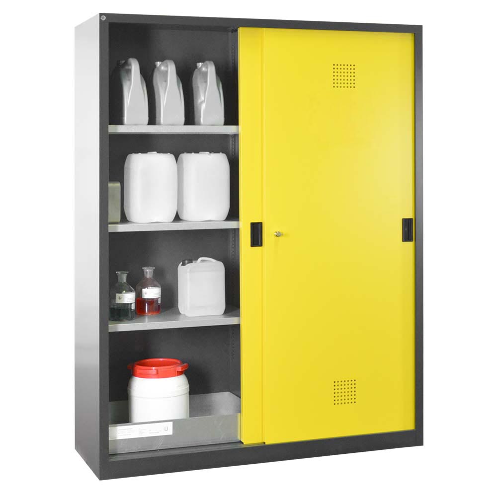 Chemikalienschrank mit Schiebetüren, 2 Bodenwannen, 6 Fachböden, 1500x500x1950mm