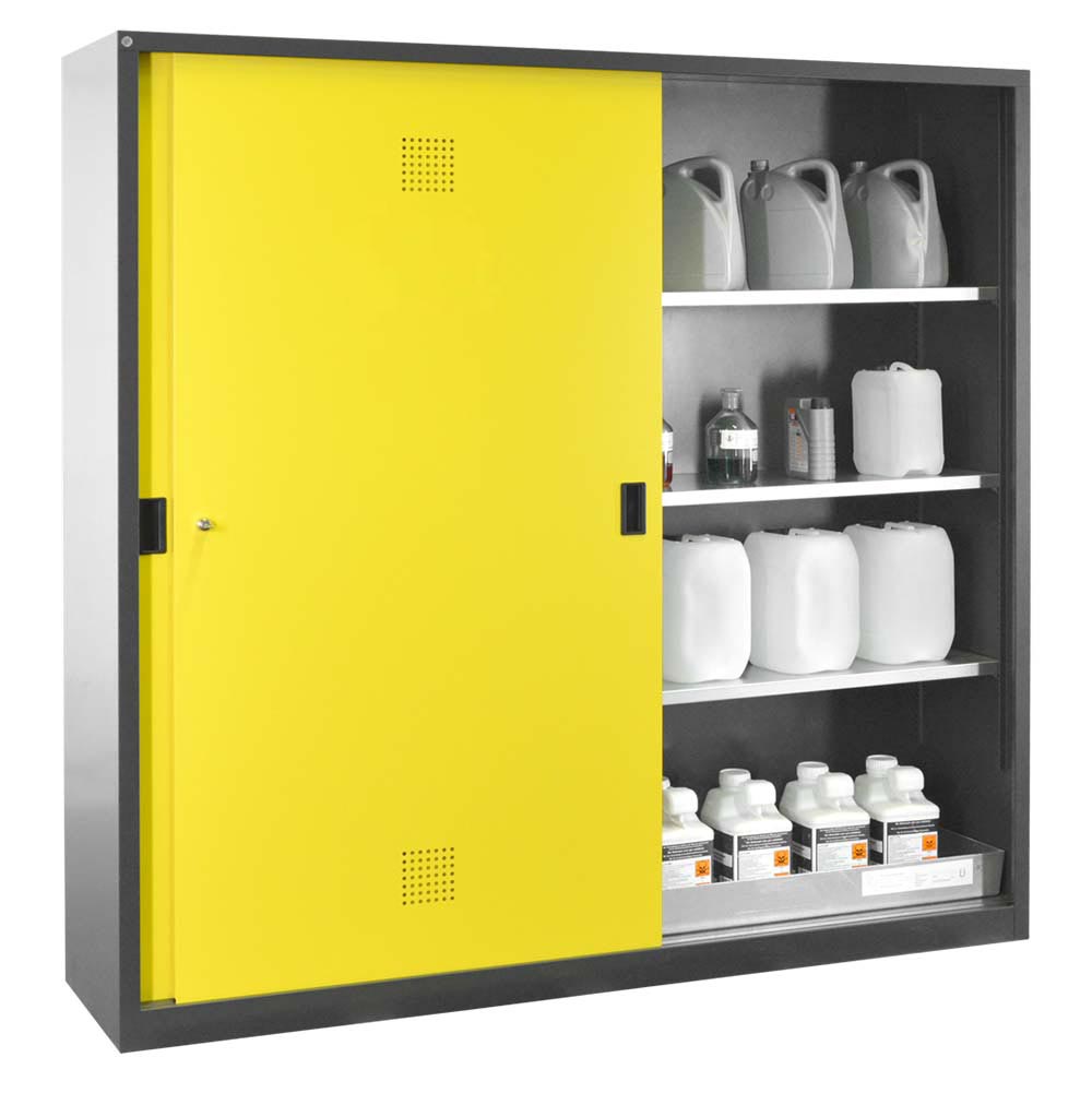 Chemikalienschrank, Schiebetüren, 2 Bodenwannen, 6 Fachböden, 2000x500x1950mm