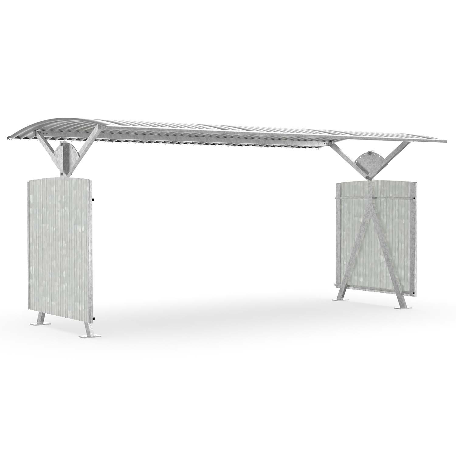 Schwenküberdachung D 560 aus Stahl, verzinkt, Dacheinkleidung aus Wellblech, zum Aufdübeln, B 4.500mm, mit Seitenwänden