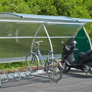 Erweiterungsmodul für Fahrradunterstand D 853/855, Seitenwände aus Stahlblech, Motiv Schilf, 1000x5600x2360mm Fahrradüberdachungen Produktbild Fahrradunterstand D 801, Dach aus Polycarbonat, 2210x2240x2200mm, Anbaueinheit