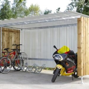 Fahrradunterstand D 855, mit Seitenwänden aus Stahlblech, Motiv Schilf, 5150x5600x2360mm Fahrradüberdachungen Produktbild Fahrradunterstand D 811, Rückwand aus Trapezblech, Seitenwände aus Holz, 3990x2250x2150mm