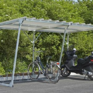 Fahrradüberdachung D 570 aus Stahl, verzinkt, Dacheinkleidung aus Trapezblech, verzinkt und farbbeschichtet, zum Aufdübeln, Anbaueinheit Fahrradüberdachung D 570, doppelseitig Produktbild Fahrradunterstand D 813, Dach aus Trapezblech, 2050x2250x2170mm, Anbaueinheit