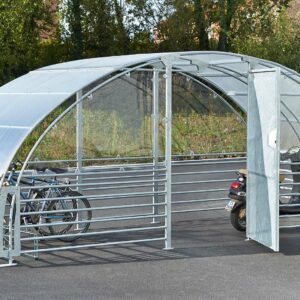 Fassgreifer für die 1-Fassaufnahme von 200 l Fässern, Stapleranbaugerät FA-M Fassgreifer als Stapler-Anbaugerät Produktbild Fahrradunterstand D 826, komplett umhaust, Dach aus Polycarbonat, 5840x2240x2370mm