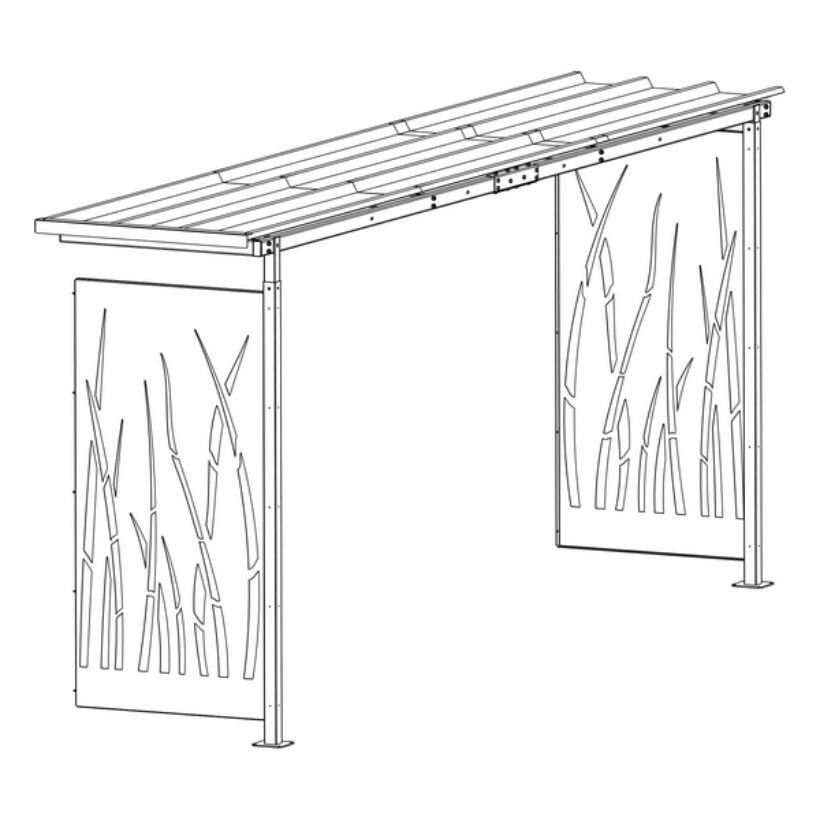 Erweiterungsmodul für Fahrradunterstand D 853, Seitenwände aus Stahlblech, Motiv Schilf, 1000x5600x2360mm