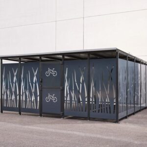 Höhenergänzung für Fahrradunterstand D 855, Seitenwände aus Stahlblech, für 5x5m Modell Fahrradüberdachungen Produktbild Fahrradunterstand D 853, mit Seitenwänden aus Stahlblech, Motiv Schilf, 5150x5600x2360mm