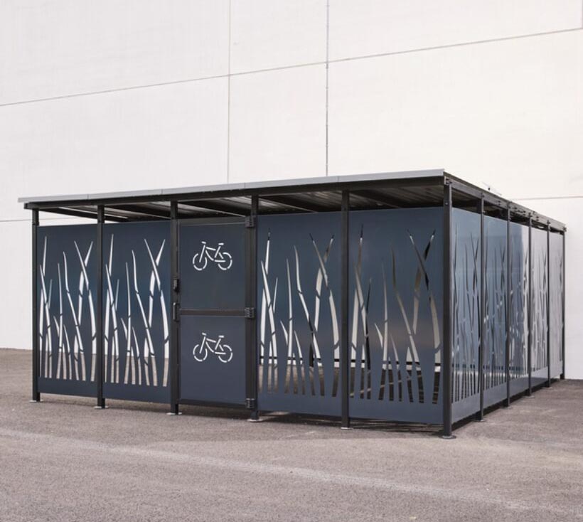 Fahrradunterstand D 853, mit Seitenwänden aus Stahlblech, Motiv Schilf, 5150x5600x2360mm