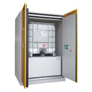 F90 Sicherheitsschrank für 1 x 1000 l IBC mit Bodenwanne und Gitterrost, Breite 155 cm