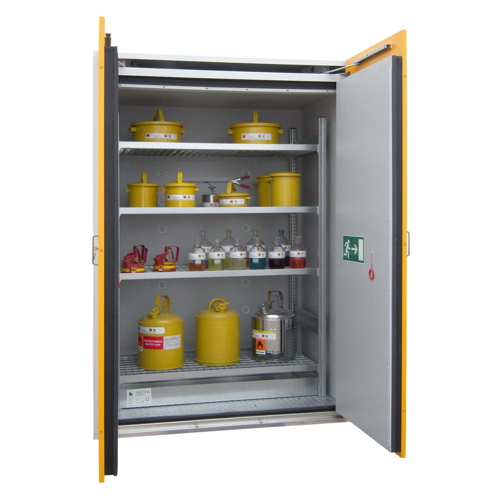 F90 Sicherheitsschrank mit Auffangwanne und Regal, 4 x Gitterrostebenen, Breite 155 cm