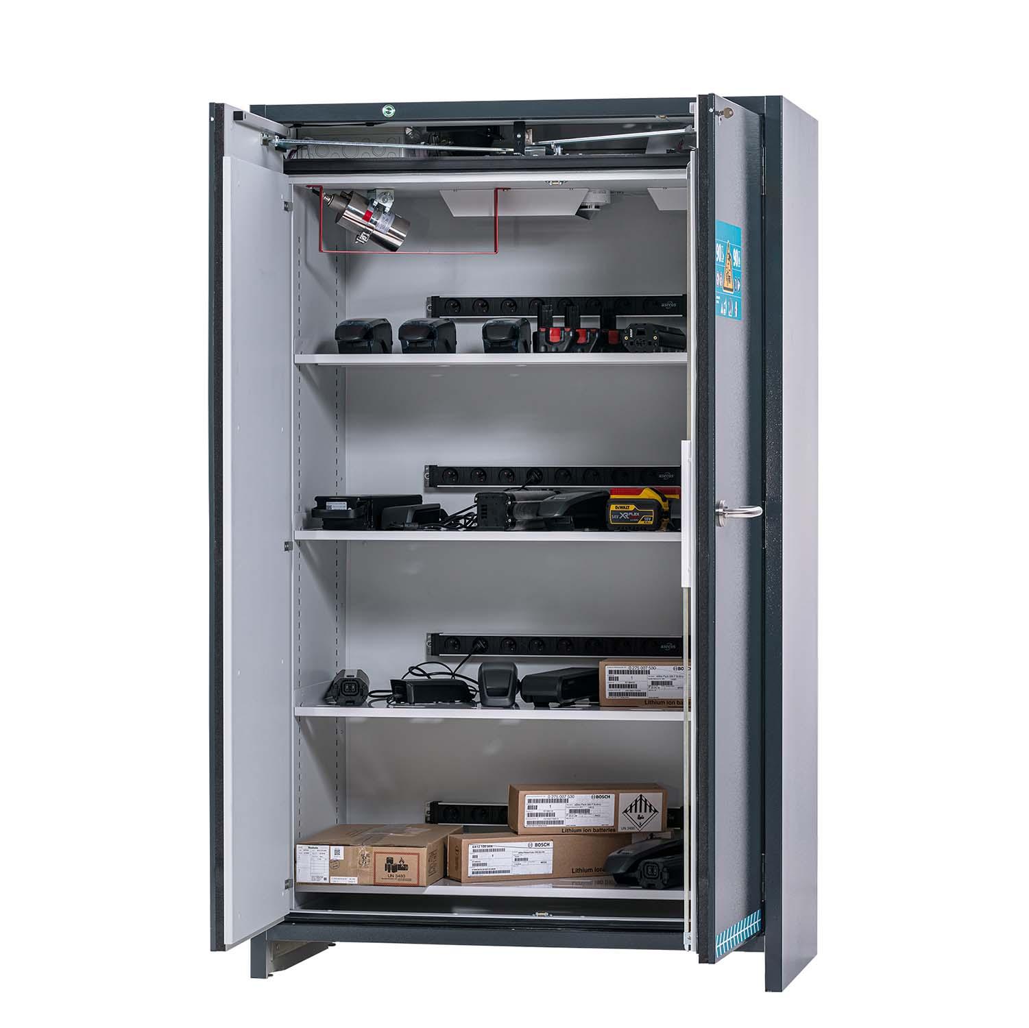 F90 Lithium-Akku-Ladeschrank ULTRA, Flügeltüren mit Tür-Schließautomatik und Einhandbedienung, Warnsystem, integr. Entlüftung F90 Sicherheitsschrank für Lithium-Akkus Produktbild F90 Lithium-Akku-Ladeschrank ULTRA, Flügeltüren mit Tür-Schließautomatik und Einhandbedienung, Warnsystem, integr. Entlüftung
