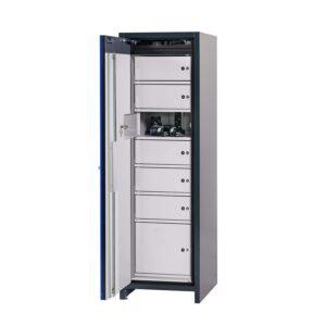 Lithium-Ionen-Akku-Ladeschrank basic für BMA, Stromversorgung, 1-phasig, Lüftung, B 800 mm, Explosionsschutz Lithium-Ionen-Akku-Schränke zum Laden Produktbild F90 Lithium-Akku-Ladeschrank CHARGEcore mit Schließfächern, selbstschließende Flügeltür, mit Brandwarnsystem