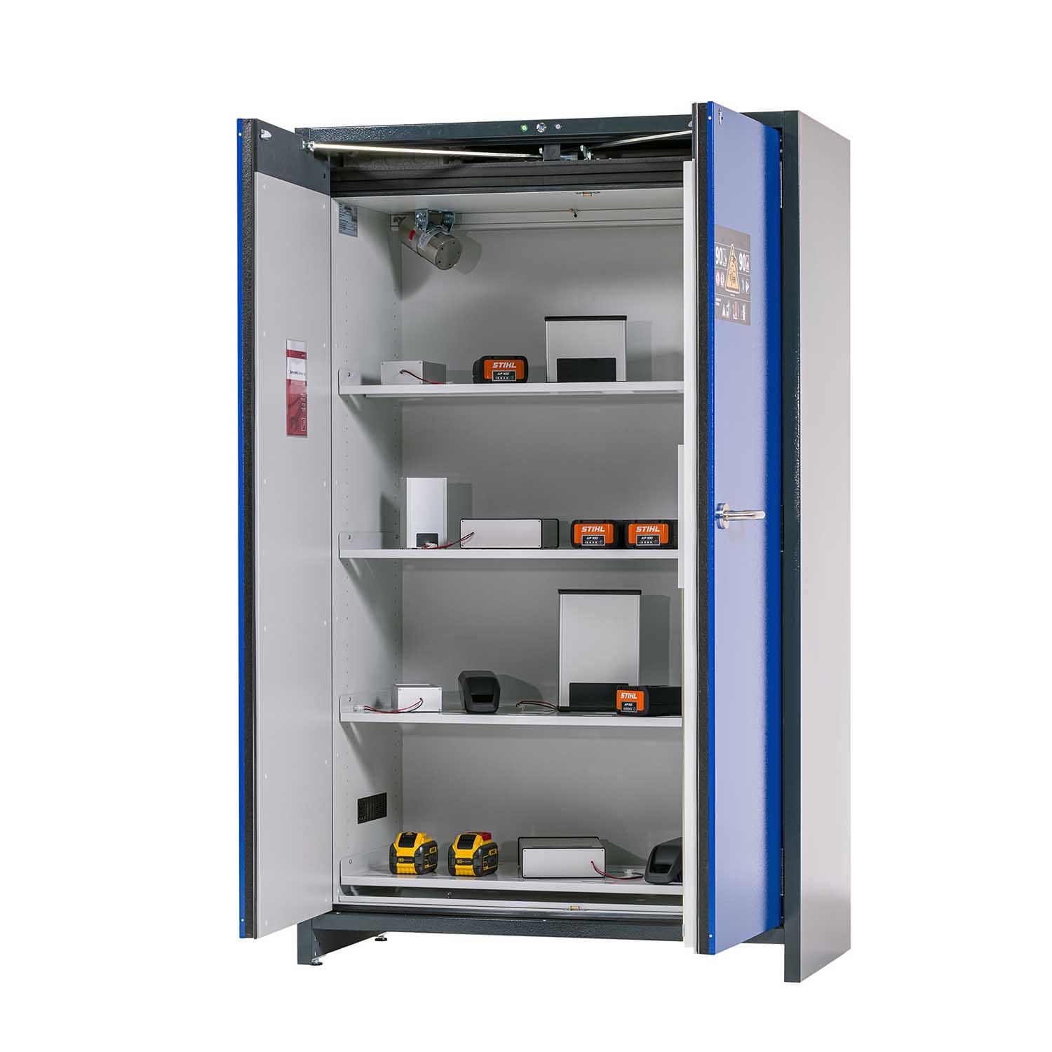 F90 Lithium-Akku-Lagerschrank STOREpro, selbstschließende Flügeltüren, Warn- und Brandunterdrückungssystem